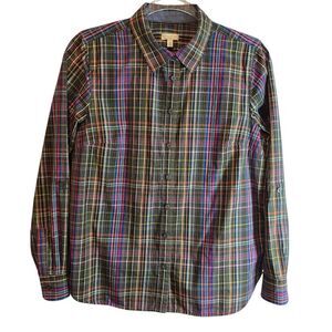 TALBOTS PETITES MEDIUM MULTI-COLOR 100% COTTON WOMENS SHIRT LONG SLEEVE WITH TAB